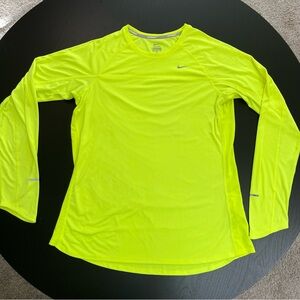 Nike Running Dri Fit Volt Neon Yellow Long Sleeve Workout Shirt Womens XL